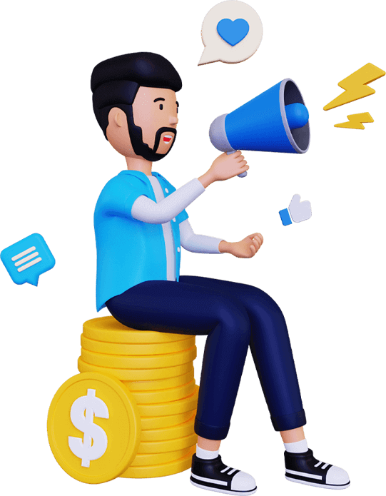 3D illustration of a man sitting on coins and holding a megaphone, representing marketing investment and brand promotion
